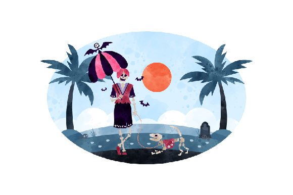 Gothic Girl Walking with a Parasol and Skeleton Dog