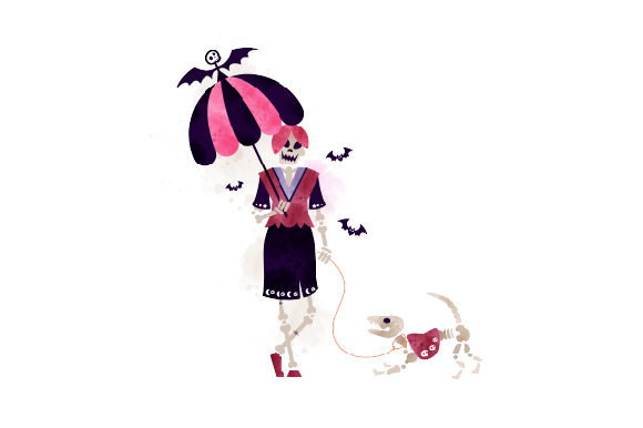 Gothic Girl with a Parasol & Skeleton Dog